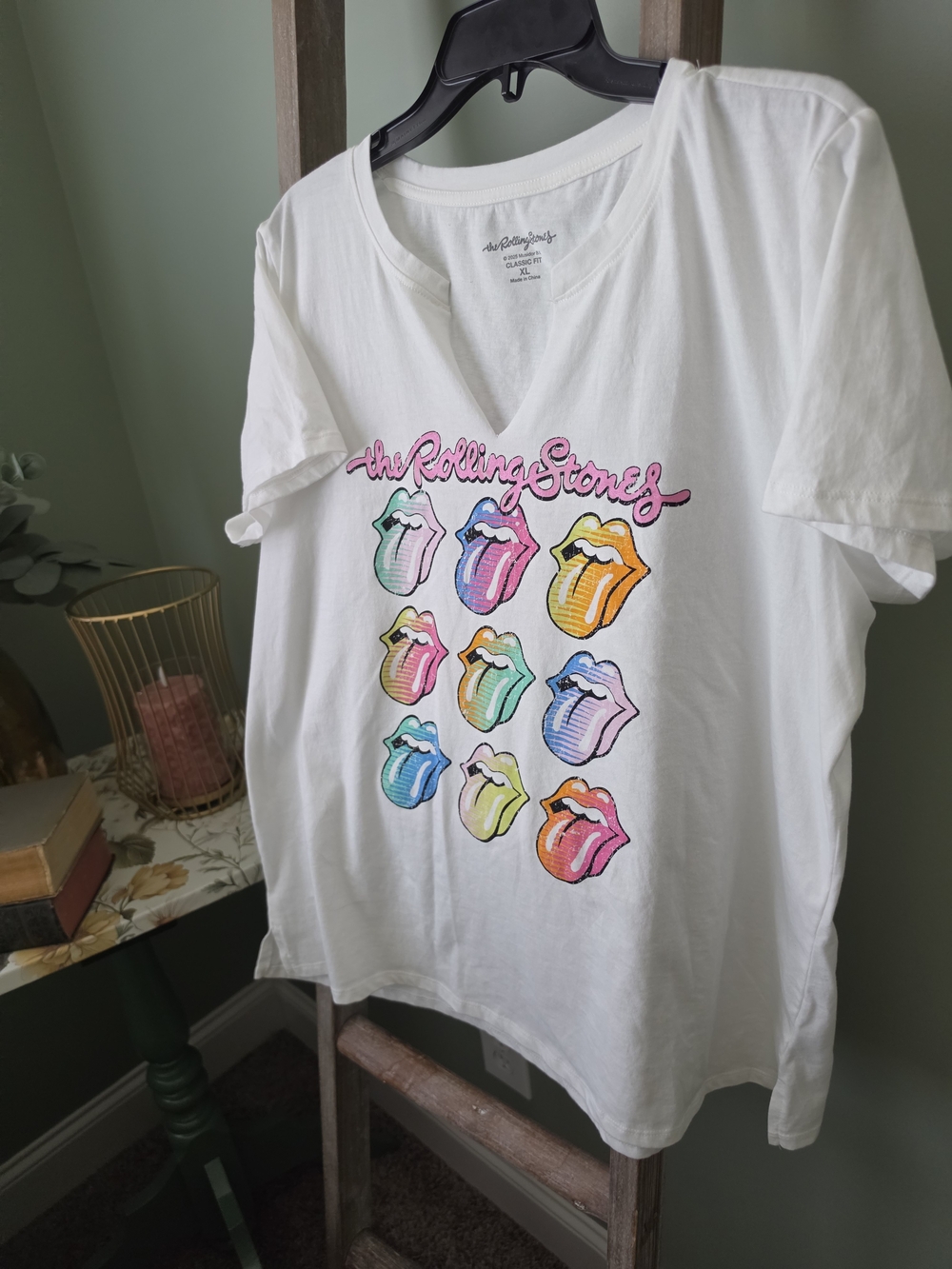 the Rolling Stones White Tee with Rainbow Tongue Grid